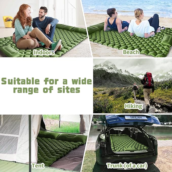 Double Sleeping Pad for Camping, 2 Person Ultralight Inflatable Sleeping Mat with Pillow and Built-in Foot Pump, Portable Camping Mattress for Tent, Backpacking, Hiking, Travel-Upgrade Green
