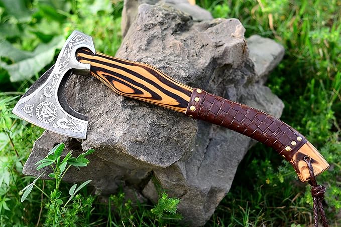 Hand Forged Etched Viking Axe – 20” inches Ash Wood Handle Camping Axe with Leather Sheath – High Carbon Steel Hatchets and Axes, Wood Splitting Axe, Throwing Axes - Gift for HIM (Valknut Axe)