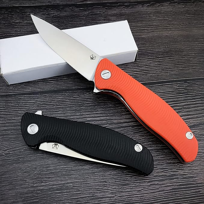 HUAAO Folding Knife, 3.7'' D2 Steel Blade with G10 Handle, Pocket Knife with Clip EDC Flipper Knife for Outdoor Camping Survival (orange)