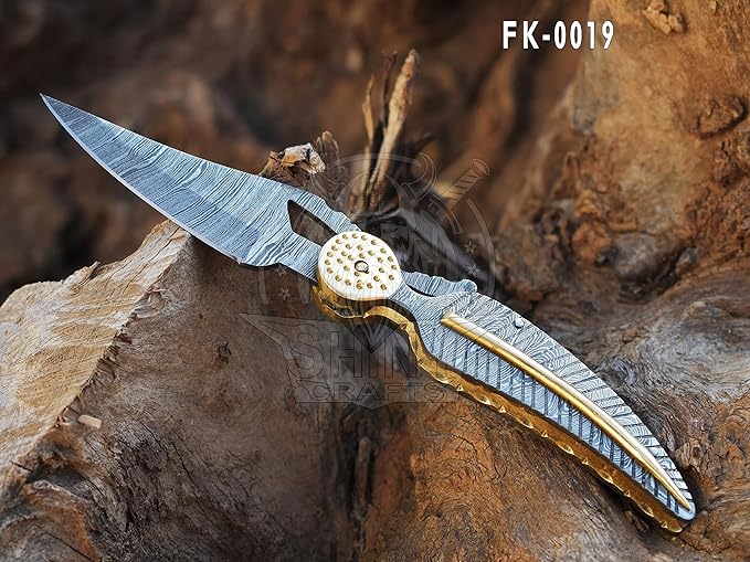 SHINY CRAFTS -Pocket Knife Damascus Hunting Knife OTF Knife Tactical Knife For Men- Pocket Knives - Everyday Carry - PlainEdge - Leather Sheath (FK 19)