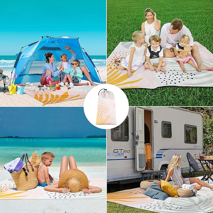 Waterproof Beach Blanket, 78''×86'' Large Sandproof Beach Travel Mat 1-4 Adults, Polyester Lightweight Foldable Outdoor Picnic Blanket with 4 Stakes & 4 Corner Pockets for Grass, Park, Patio