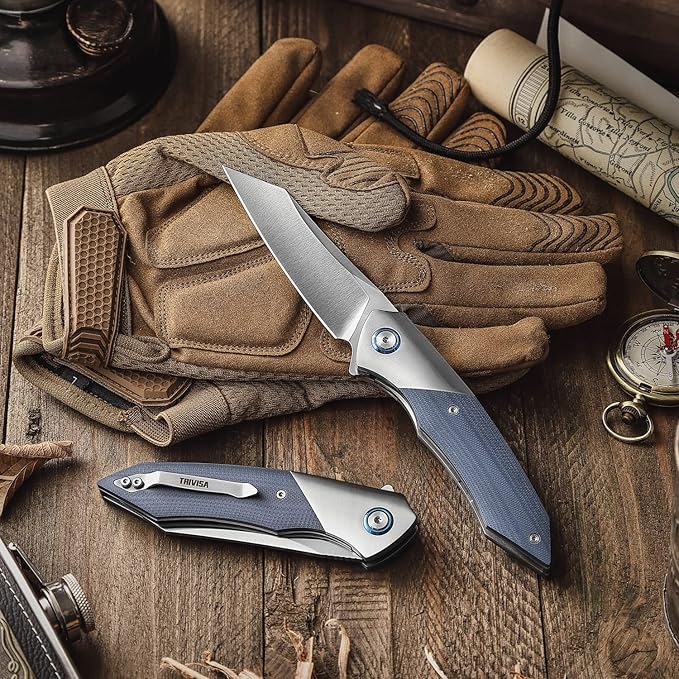 Folding Pocket Knife with Clip for Men, 3.5" 10Cr15CoMoV Blade, Steel Bolster & G10 Handle and Titanium Ring,Ball Bearings Pivot,Camping Outdoor EDC Fruit knife,Vul-03