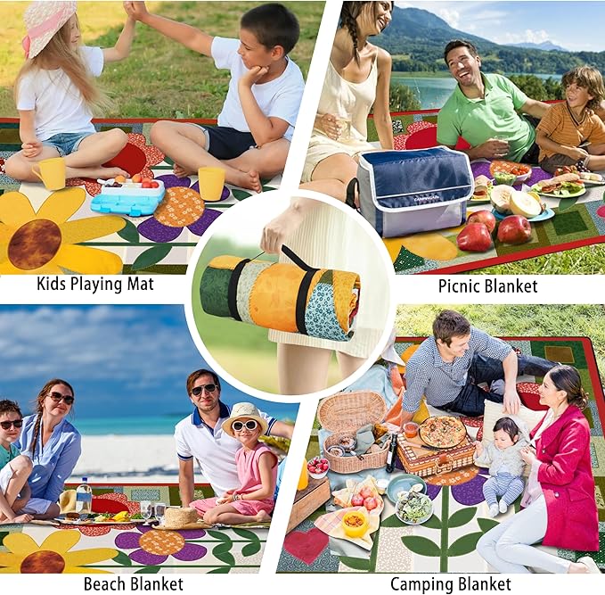Picnic Blankets Beach Blanket 80" X 60" Extra Large Waterproof Camping Blankets Portable Outdoor Mat 3-Layer blanket for Beach, Hiking, Park, Music Festival, Grass Lawn,Travel