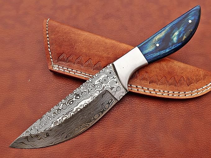 9.5" Walnut wood scale with steel bolster skinning Knife, full tang blade Rain drop pattern straight back hand forged Damascus steel, Cow Leather sheath (Brown) (Blue)