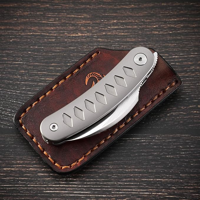 Knife Kage Front Flipper Knife,M390 Stonewashed Pikal Knife,Titanium Handle Pocket Knife Outdoor Folding Knife with Leather Sheath(Gold & Leather Sheath)