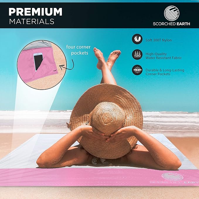 Pocket Blanket for Beach, Travel, Outdoor, Camping, Hiking, Picnic, Festival, Sports - Water Resistant, Compact, Durable Tarp - Corner Pockets, Bag, Built in Stakes (Rose Pink, 60x55)