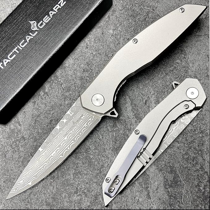 TACTICAL GEARZ EDC Damascus Pocket Folding Knife! Solid Titanium Handle! 67 Multi-Layered VG10 Damascus Steel Blade! (Volan XT Beast Bundle)