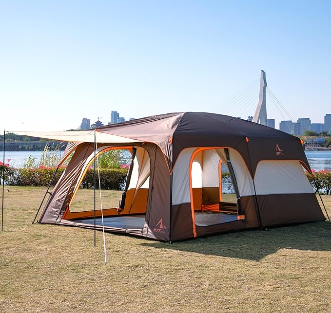 KTT Extra Large Tent 10-12-14 Person(A),Family Cabin Tents,2 Rooms,3 Doors and 3 Windows with Mesh,Straight Wall,Waterproof,Double Layer,Big Tent for Outdoor,Picnic,Camping,Family Gathering