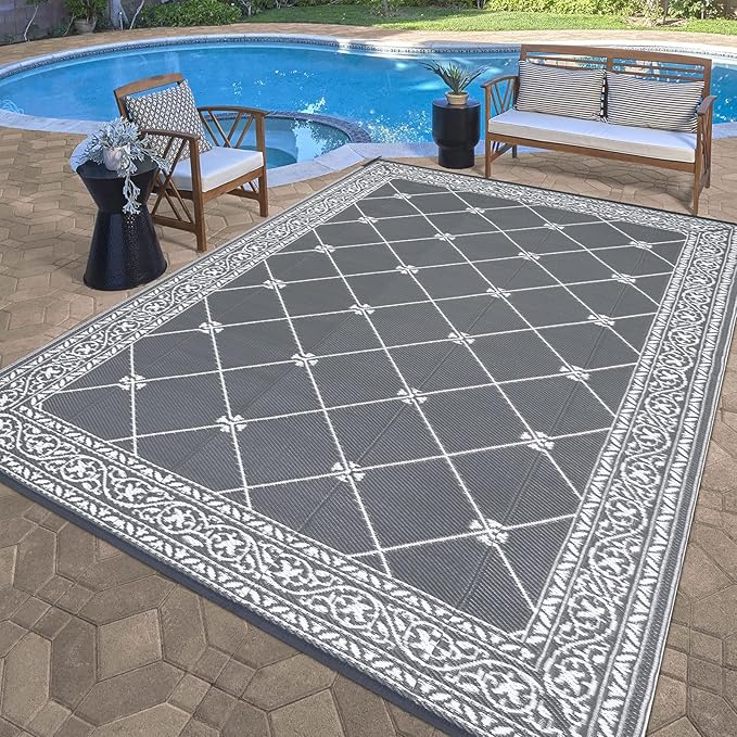 HiiARug Reversible Mat Plastic Outdoor Rugs for Patios Clearance Waterproof Plastic Straw Rug Large Area Rug for Outdoor, Porch, Patio, RV,Camping,5x7Ft, Grey