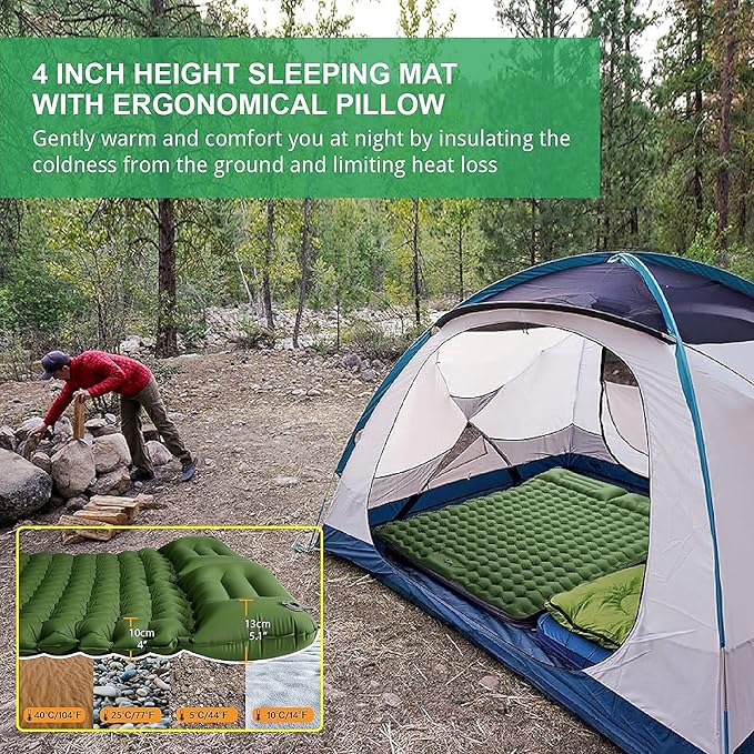 Double Sleeping Pad Inflatable 2 Person Sleeping Mat with Pillow and Foot Pump Extra Thick Ultralight Durable Camping Mat for Backpacking, Hiking