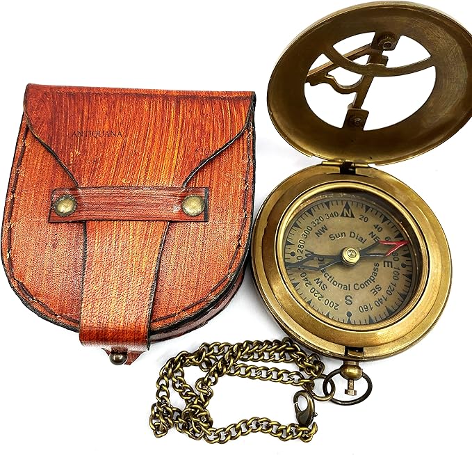 Brass Compass Unique Sundial Engraved Compass With Leather Case Antique Brass Compass With Chain A Great Gift Item For Your Loved Ones Hikers And Traveler By