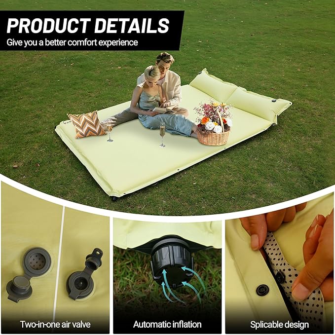 Lightweight Camping Sleeping Pad Inflatable Sleeping Mat Compact Camping Air Mattress with Pillow 2 Person Backpacking Foam Sleeping Pad