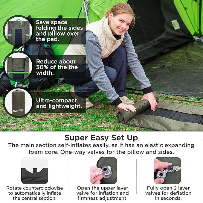 IFORREST Camping Pad with Armrest & Pillow - Self-Inflating Air Mattress - Rollover Protection - Ultra-Comfortable Mat - Lightweight for Tent, Cot, Backpacking(L/XL)