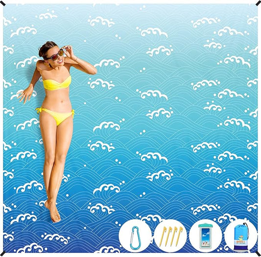 BYDOLL Beach Blanket Sandproof Waterproof 78''×110''1-7 Adults Compact Lightweight Oversized Beach Blanket Large Picnic Mat Beach Blanket for Travel Camping Hiking Picnic