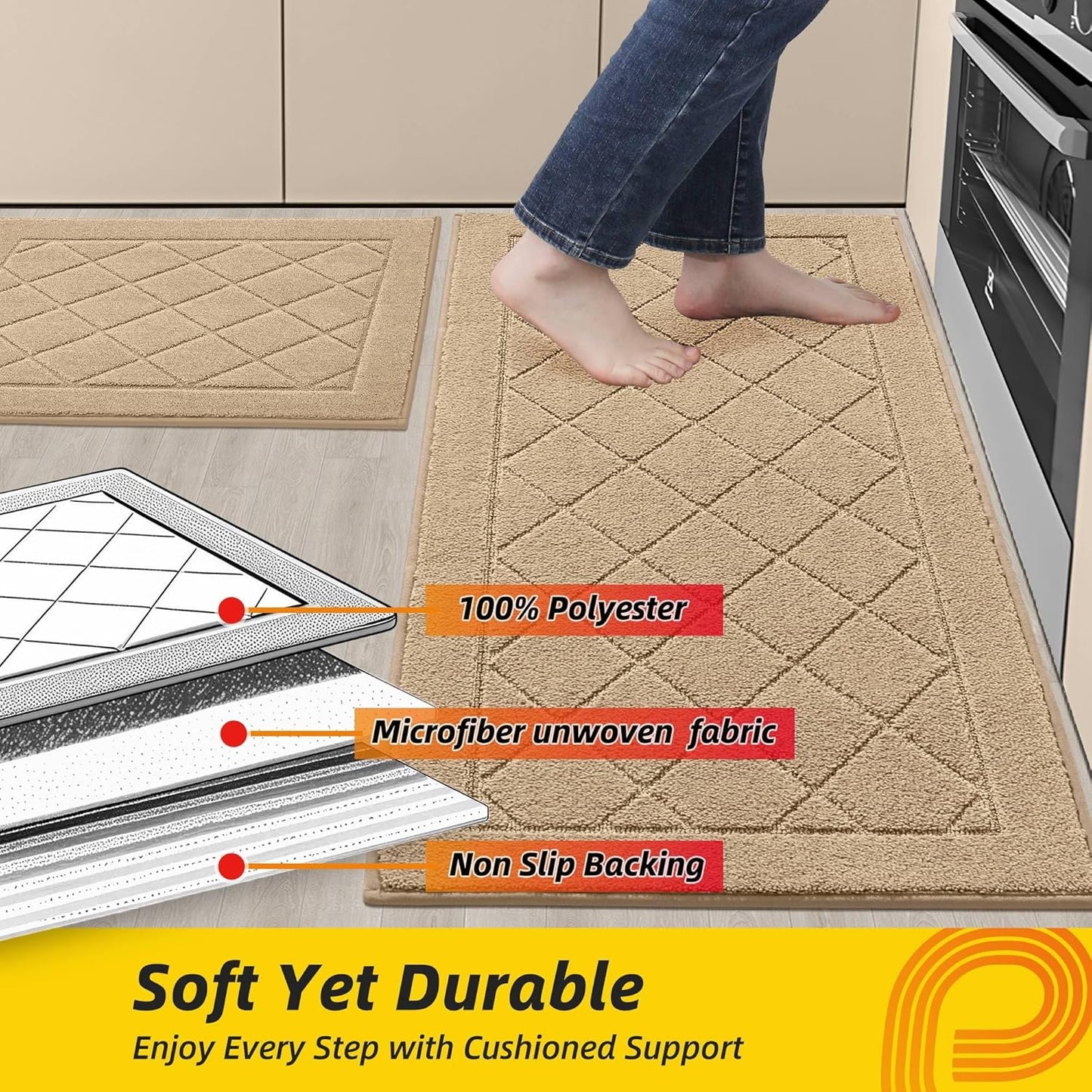 JSEI Non-Slip Kitchen Rugs, Self Adhesive No Sliding Kitchen Mats Set of 2, Soft Washable Absorbent Floor Mat for Kitchen, Bathroom, Laundry Room, Bedroom, 20”x32”+20”x48”, Beige, Diamond Pattern