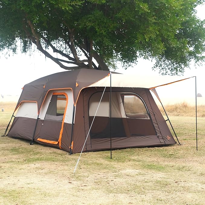 KTT Extra Large Tent 10-12-14 Person(A),Family Cabin Tents,2 Rooms,3 Doors and 3 Windows with Mesh,Straight Wall,Waterproof,Double Layer,Big Tent for Outdoor,Picnic,Camping,Family Gathering