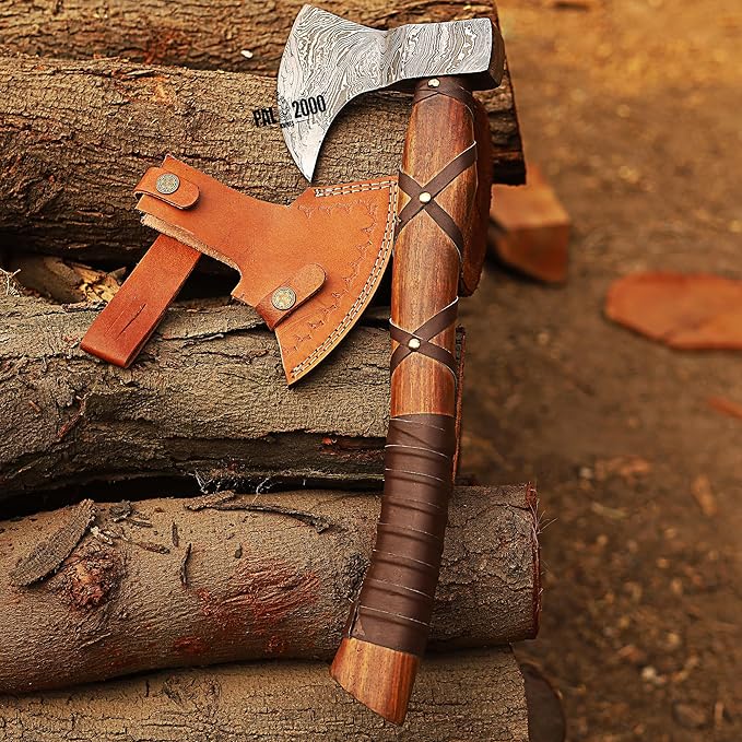 AX-9436 Custom Handmade Viking Hatchet Axe Damascus Steel Bearded Axe Camping Tomahawk Battle Axe with Sheath