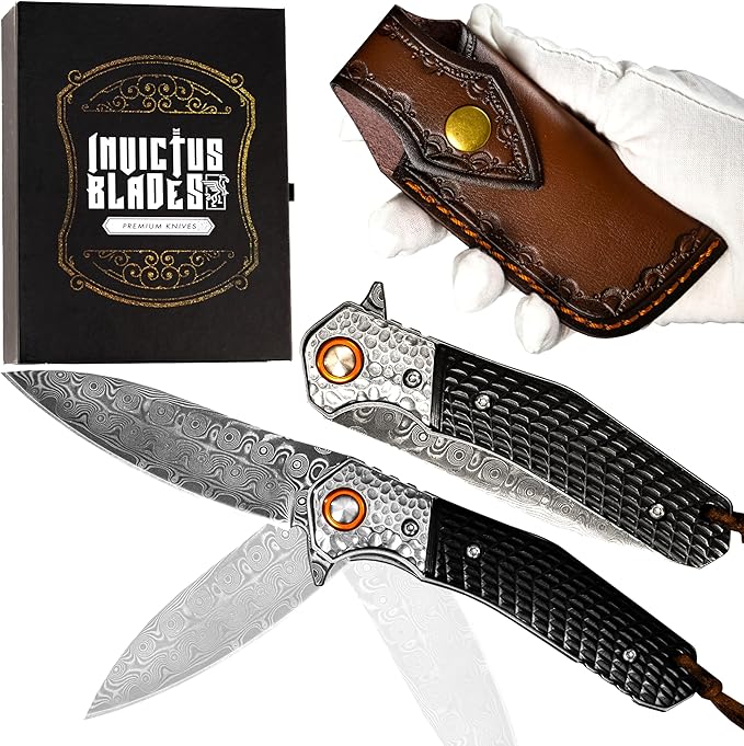 Mini Katana Premium & Unique Damascus Pocket Knife - Unmatched Sharpness 67-layer VG10 Steel & Durability with Clip Leather Sheath - Ideal for Everyday Use & Hunting