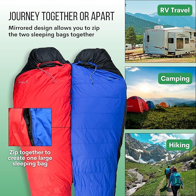 Duck Down Mummy Sleeping Bag for Adults – Cold & Warm Weather Sleeping Bags – Lightweight, Compact & Portable Camping – Sleep Bag for Hiking & Backpacking – Compression Carrying Bag