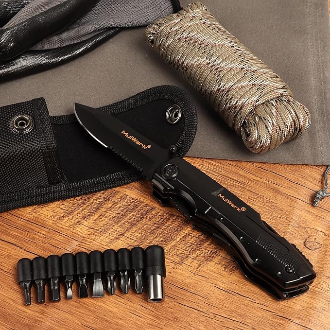 MULWARK Folding Multitool Pocket Knife 12 in 1 Survival Knife - Pocket Knife for Men - Gift for Men, Hunting Knife, Tactical Camping Knife - Black