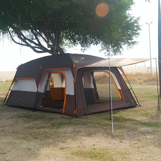 KTT Extra Large Tent 10-12-14 Person(B),Family Cabin Tents,2 Rooms,3 Doors and 3 Windows with Mesh,Straight Wall,Waterproof,Double Layer,Big Tent for Outdoor,Picnic,Camping,Family Gathering