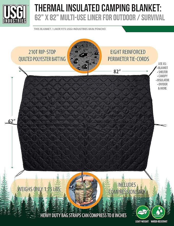 USGI Industries Military Woobie Blanket | Thermal Insulated Camping Blanket, Poncho Liner | Large, Portable, Insulation, Water-Resistant, for Hiking, Survival | Compression Carry Bag
