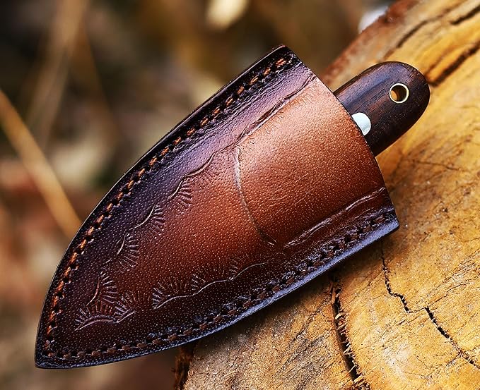 Handmade Damascus Hunting Knife - EDC Camping Knife - Fixed Blade Mini Pocket knife - Full Tang Bushcraft and Skinning Knife with Leather Sheath - Predator Hunter Viking Knife