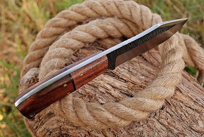 High Carbon Steel Knife, Full Tang Bushcraft Knife - Hunting Knife, Survival Knife, Fixed Blade Knife & Camping Knife with Rose Wood Handle & Leather Knife Sheath