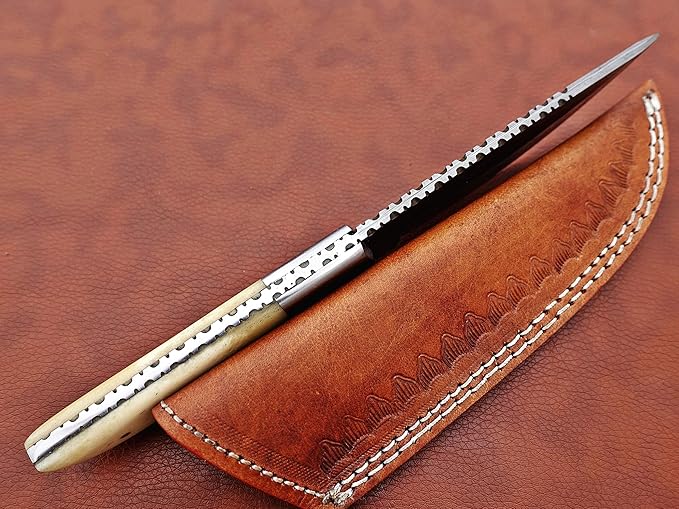 9.5" Walnut wood scale with steel bolster skinning Knife, full tang blade Rain drop pattern straight back hand forged Damascus steel, Cow Leather sheath (White)