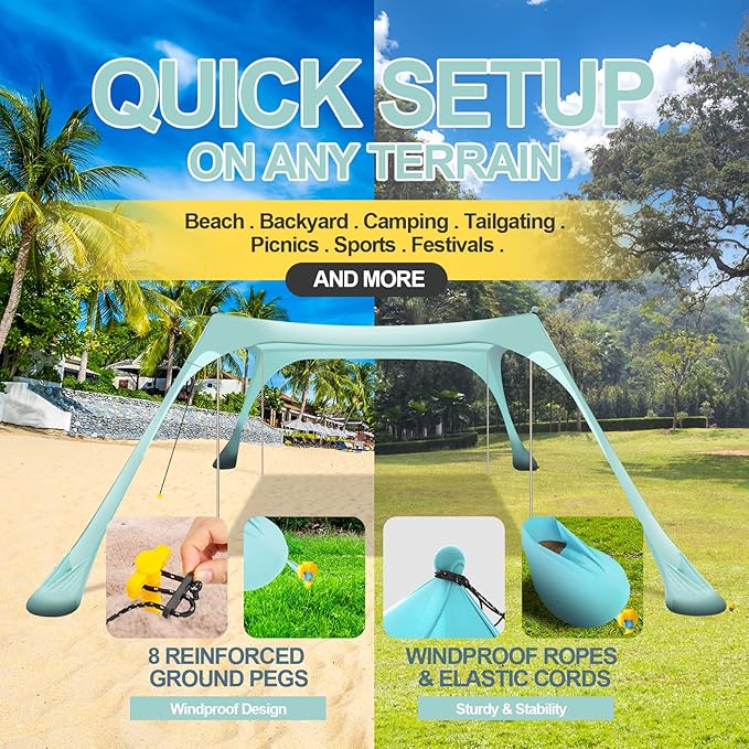 Buheco Beach Tent Pop Up Shade 10x10ft Beach Canopy Sun Shelter UPF50+ with 4 Foldable Poles-Portable Carrying Bag-Sand Shovel-Ground Pegs-Windproof Ropes for Outdoor Family Camping-Fishing- Picnic