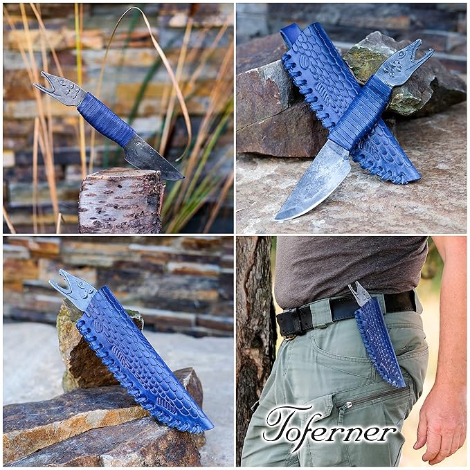 Toferner Hand Forged Knife Fish Head with Sheath, Vintage Knife for Antique Collection, Genuine Leather Case, Hardened Blade, Hand Made Craft, Gift Idea for Men (Blue)