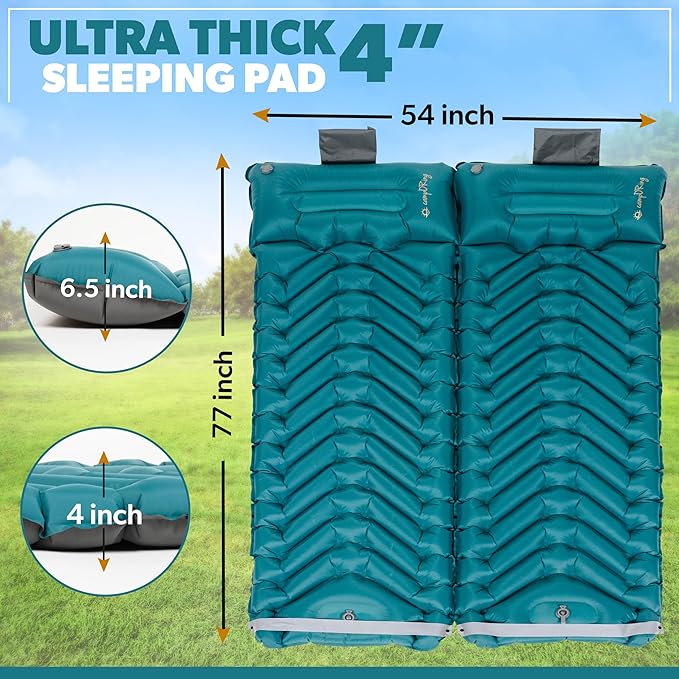 Double Inflatable Camping Sleeping pad, Thick 4 inch Ultralight Sleeping mat with Pillow, Sleeping pad with Built-in Foot Pump for Camping, Backpacking, Hiking, Traveling.