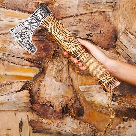 H&A CRAFTS® Viking Axe The Ragnar Lothbrok Real, and Custom Crafted with Leather Sheath Carbon Steel Camping Hatchet Personalized Gifts for Men (Wrath of Valhalla Viking Axe)