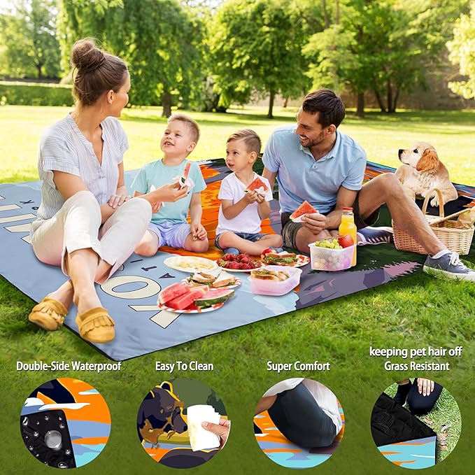Picnic Blankets Beach Blanket 80" X 60" Extra Large Waterproof Camping Blankets Portable Outdoor Mat 3-Layer blanket for Beach, Hiking, Park, Music Festival, Grass Lawn,Travel