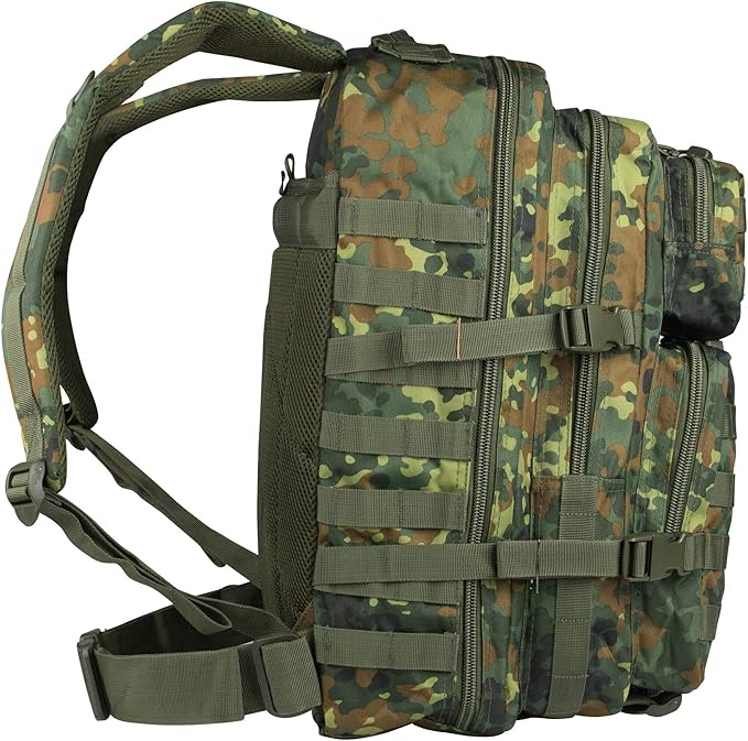Mil-Tec Unisex Assault Pack - Rugged Durable Lightweight Ergonomic Versatile Tactical Outdoor Camping Hiking Backpack with Adjustable Padded Shoulder Straps & MOLLE Loops, Flecktarn Camo, 20L