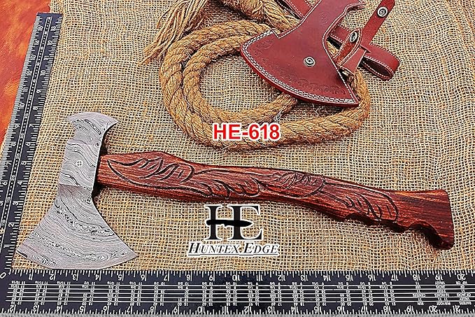 HUNTEX Custom Handmade Hand-Forged Twist Pattern Damascus Steel 19.5 Inch Long Hand-Engraved Walnut Wood Handle Razor Sharp Camping Wood Splitter Twin Blade Axe w/Genuine Leather Sheath