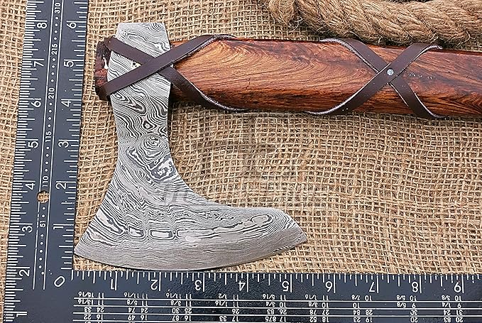 HUNTEX Unique Custom Hand-Forged Twist Pattern Damascus Steel 21 Inch Long Walnut Wood Leather Wrapped Handle Full Tang Razor Sharp Hunting Camping Hiking Godzilla Axe with Genuine Leather Sheath