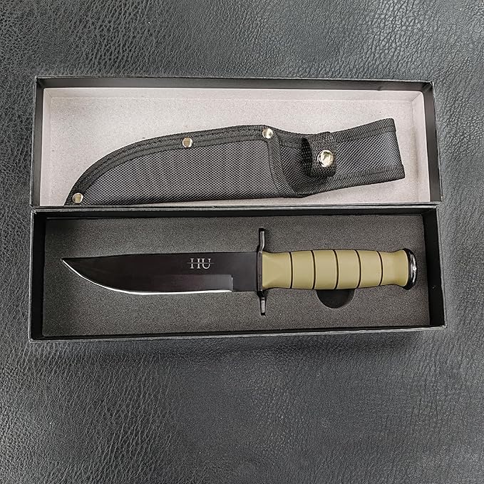 HU 5.5'' Fixed Blade Pocket Knife - Sharp Stainless Steel - Matte Black/Military Green- for Camping, Hiking, Survival, Unboxing package (Military Green)