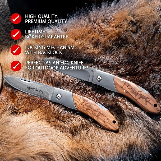 Boker Magnum 01RY818DAM Caveman Damascus Pocket Knife with 3 1/4 in. Damascus Steel Blade, Brown