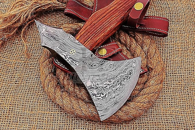 HUNTEX Custom Handmade Hand-Forged Twist Pattern Damascus Steel 18.5 Inch Long Walnut Wood Handle Razor Sharp Hunting Camping Wood Splitter Battle Bladed Axe with Genuine Leather Sheath