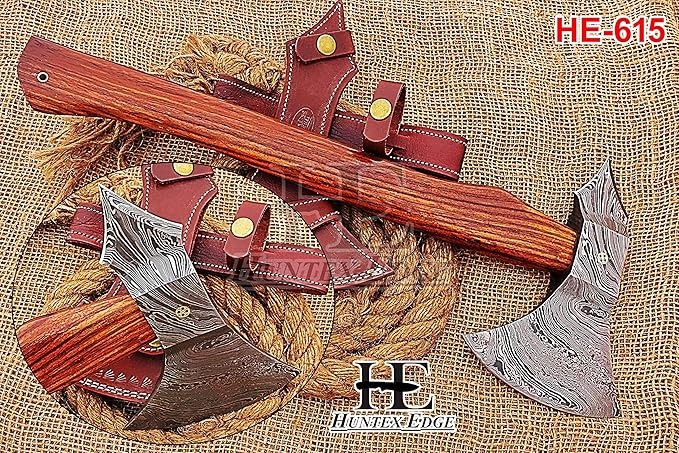 HUNTEX Custom Handmade Hand-Forged Twist Pattern Damascus Steel 18.5 Inch Long Walnut Wood Handle Razor Sharp Hunting Camping Wood Splitter Battle Bladed Axe with Genuine Leather Sheath