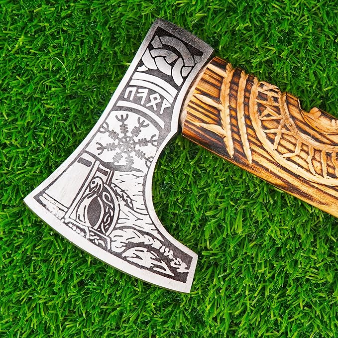 H&A CRAFTS® Viking Axe The Ragnar Lothbrok Real, and Custom Crafted with Leather Sheath Carbon Steel Camping Hatchet Personalized Gifts for Men (Wrath of Valhalla Viking Axe)