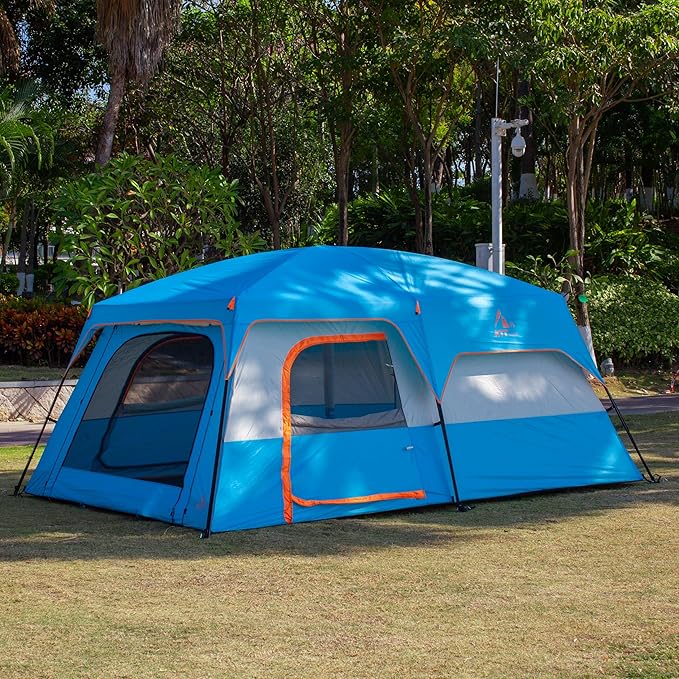 KTT Extra Large Tent 10-12-14 Person(Style-B),Family Cabin Tents,2 Rooms,3 Doors and 3 Windows with Mesh,Straight Wall,Waterproof,Double Layer,Big Tent for Outdoor,Picnic,Camping,Family Gathering