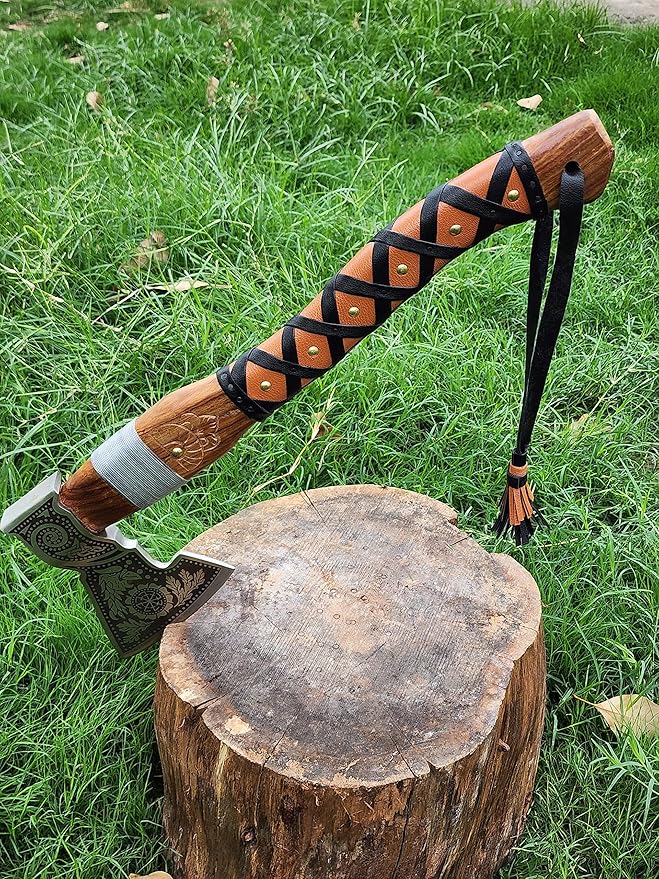 Handmade Forged Stainless Steel Viking Axe, Hatchet with Leather Sheath, Throwing Axe, Camping Axe, Solid Wood Handle Multiple Designs (Axe CK-8)