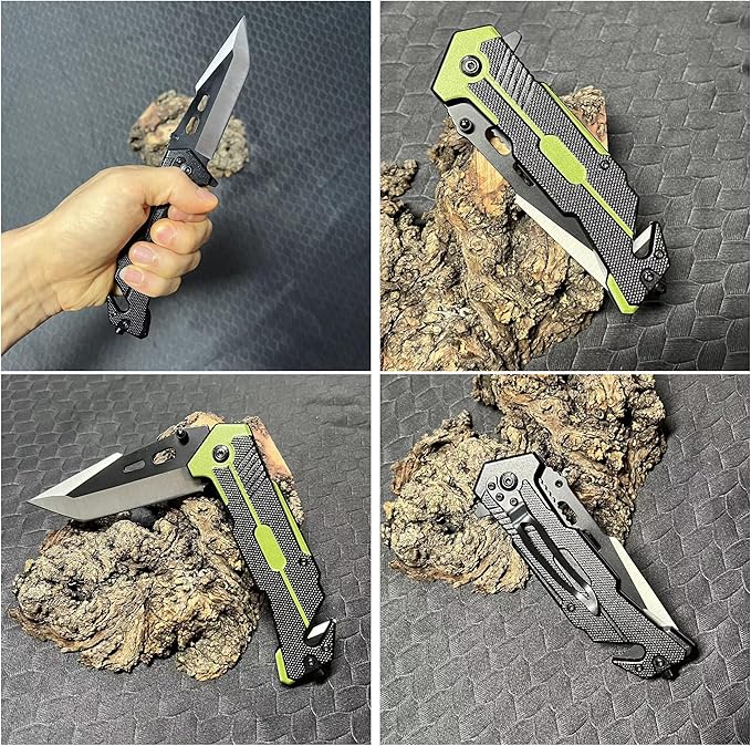 HELLOWZXD Folding Pocket Knife - Glass Breaker,Strap Cutter,7mov13 Stainless Steel Tanto Folding Knives - Smoothy Ball Bearing,Aluminum Handle w Clip EDC Knife for Survival Camping Hiking
