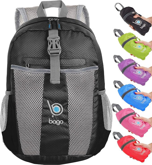 bago Lightweight Small Hiking Backpack for Women and Men - 25L Travel Day Pack - Foldable Hiking Daypack Ultralight for Camping Outdoor Sports - Day Bag Packable Backpack for Travel (Black)