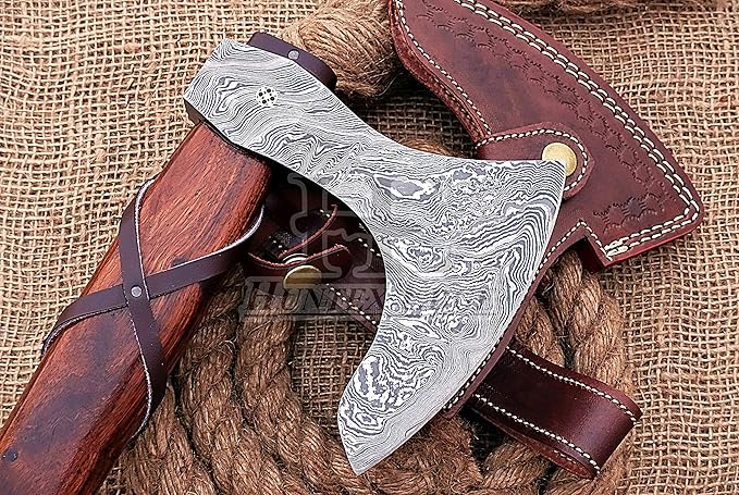 HUNTEX Unique Custom Hand-Forged Twist Pattern Damascus Steel 21 Inch Long Walnut Wood Leather Wrapped Handle Full Tang Razor Sharp Hunting Camping Hiking Godzilla Axe with Genuine Leather Sheath