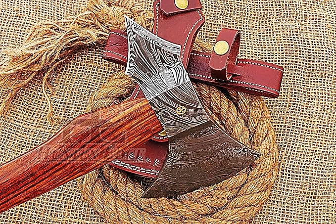 HUNTEX Custom Handmade Hand-Forged Twist Pattern Damascus Steel 18.5 Inch Long Walnut Wood Handle Razor Sharp Hunting Camping Wood Splitter Battle Bladed Axe with Genuine Leather Sheath