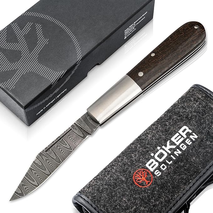 Boker Solingen® Barlow M4 Sherman Damascus - handcrafted slipjoint pocket knife - EDC gentleman knife with Damascus blade - classic 2-hand folding knife with case & gift box