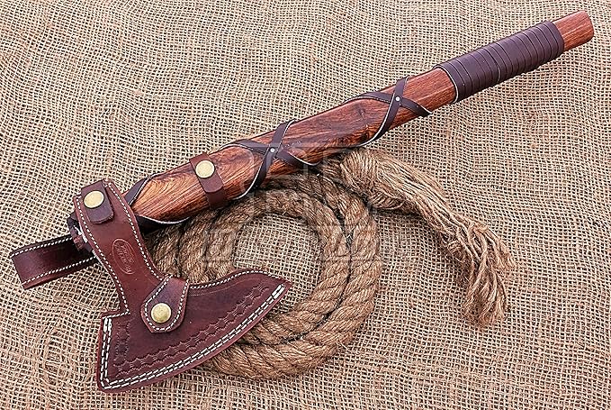 HUNTEX Unique Custom Hand-Forged Twist Pattern Damascus Steel 21 Inch Long Walnut Wood Leather Wrapped Handle Full Tang Razor Sharp Hunting Camping Hiking Godzilla Axe with Genuine Leather Sheath